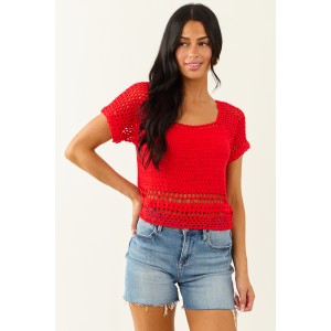 Lipstick Crochet Knit Short Sleeve Crop Top