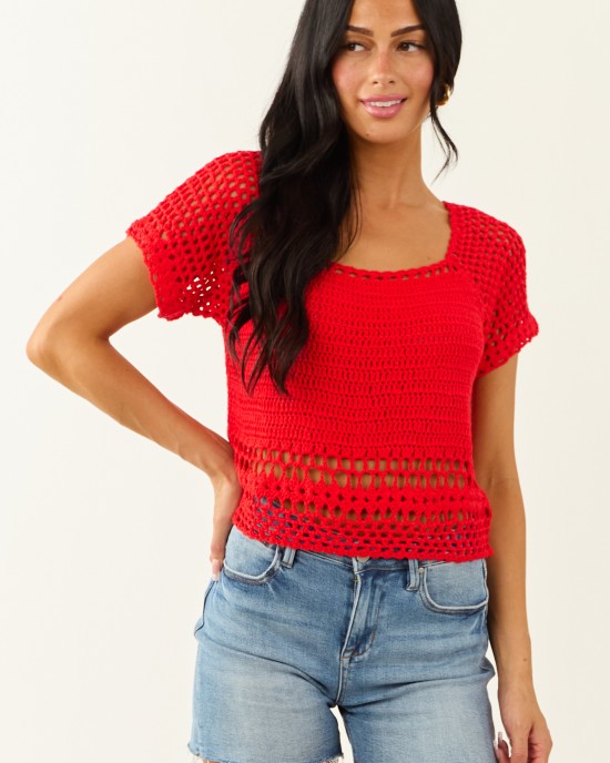 Lipstick Crochet Knit Short Sleeve Crop Top
