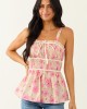 Lovelo Straw Floral Print Smocked Cotton Tank Top
