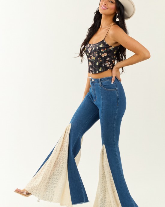 Medium Wash Super Flare Lace Hem Stretchy Jeans Medium Wash Super Flare Lace Hem Stretchy Jeans
