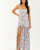 Ivory Floral Print Front Slit Mesh Maxi Dress