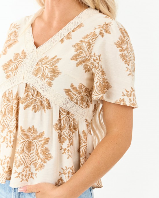 Cream Damask Print Short Sleeve Lace Top