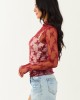 Wine Mesh Lace Mock Neck Long Sleeve Top