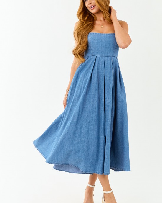 Medium Wash Chambray Denim Open Back Midi Dress