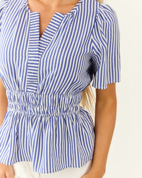 She+Sky Cobalt Striped Short Sleeve Peplum Blouse