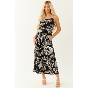 Black Leaf Print Cami Top and Wide Leg Pant Set