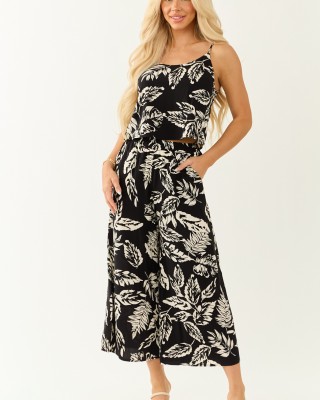 Black Leaf Print Cami Top and Wide Leg Pant Set