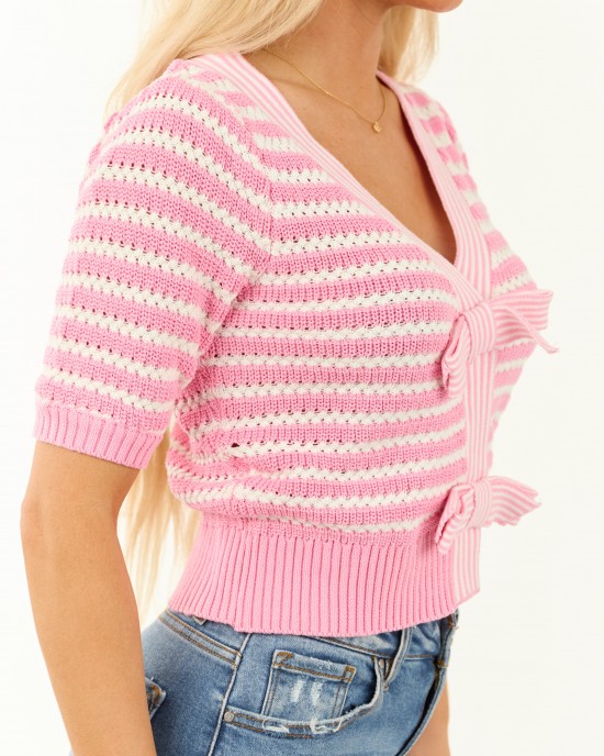 Bubblegum and Ivory Striped Half Sleeve Cardigan