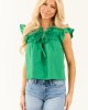 Jade Cinched Yoke Cotton Poplin Ruffle Cap Sleeve Top