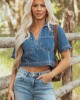 Risen Medium Wash Denim V Neck Short Sleeve Top