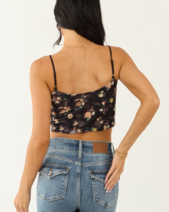 Black Floral Print Velvet Cropped Tank Top