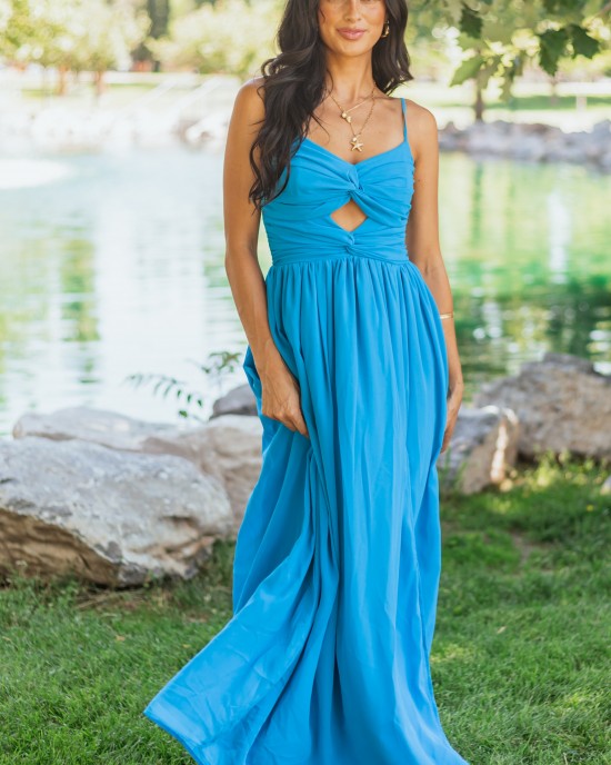 Azure Flowy Chiffon Front Twist Maxi Dress