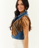 Medium Wash Stretchy Denim Fringe Zip Up Vest Medium Wash Stretchy Denim Fringe Zip Up Vest