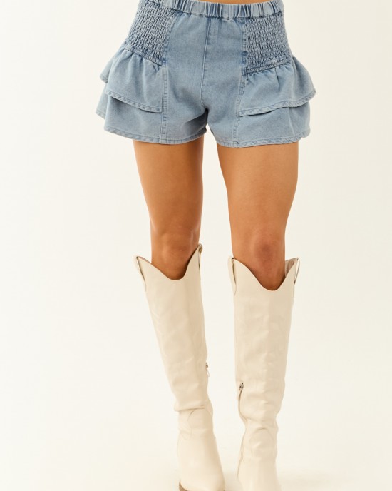 Medium Wash Denim Smocked Tiered Ruffle Shorts