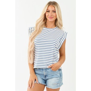 Dusty Blue and Ivory Striped Cap Sleeve Top