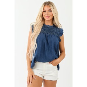 Dark Wash Chambray Denim Ruffle Sleeve Top