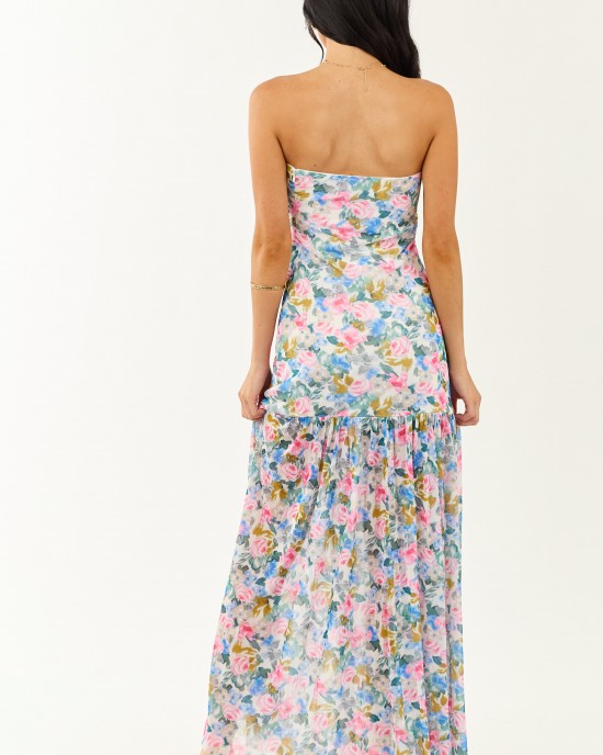 Ivory Floral Print Front Slit Mesh Maxi Dress