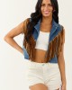 Medium Wash Stretchy Denim Fringe Zip Up Vest Medium Wash Stretchy Denim Fringe Zip Up Vest