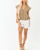 Light Coffee Pleated Hem Button Up Cap Sleeve Top Light Coffee Pleated Hem Button Up Cap Sleeve Top