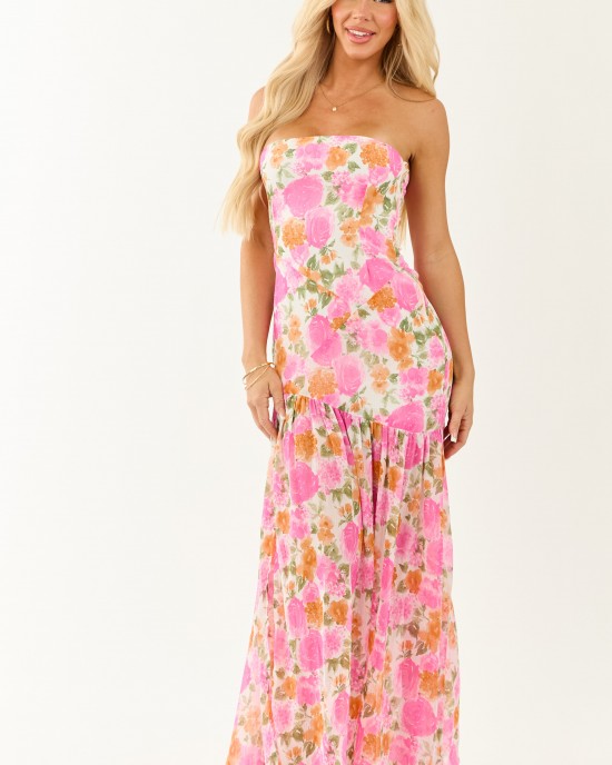 Fuchsia Floral Strapless Asymmetrical Maxi Dress