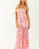Fuchsia Floral Strapless Asymmetrical Maxi Dress