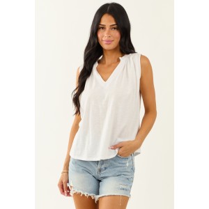 Off White Ruched Shoulder V Neck Relaxed Tank Top