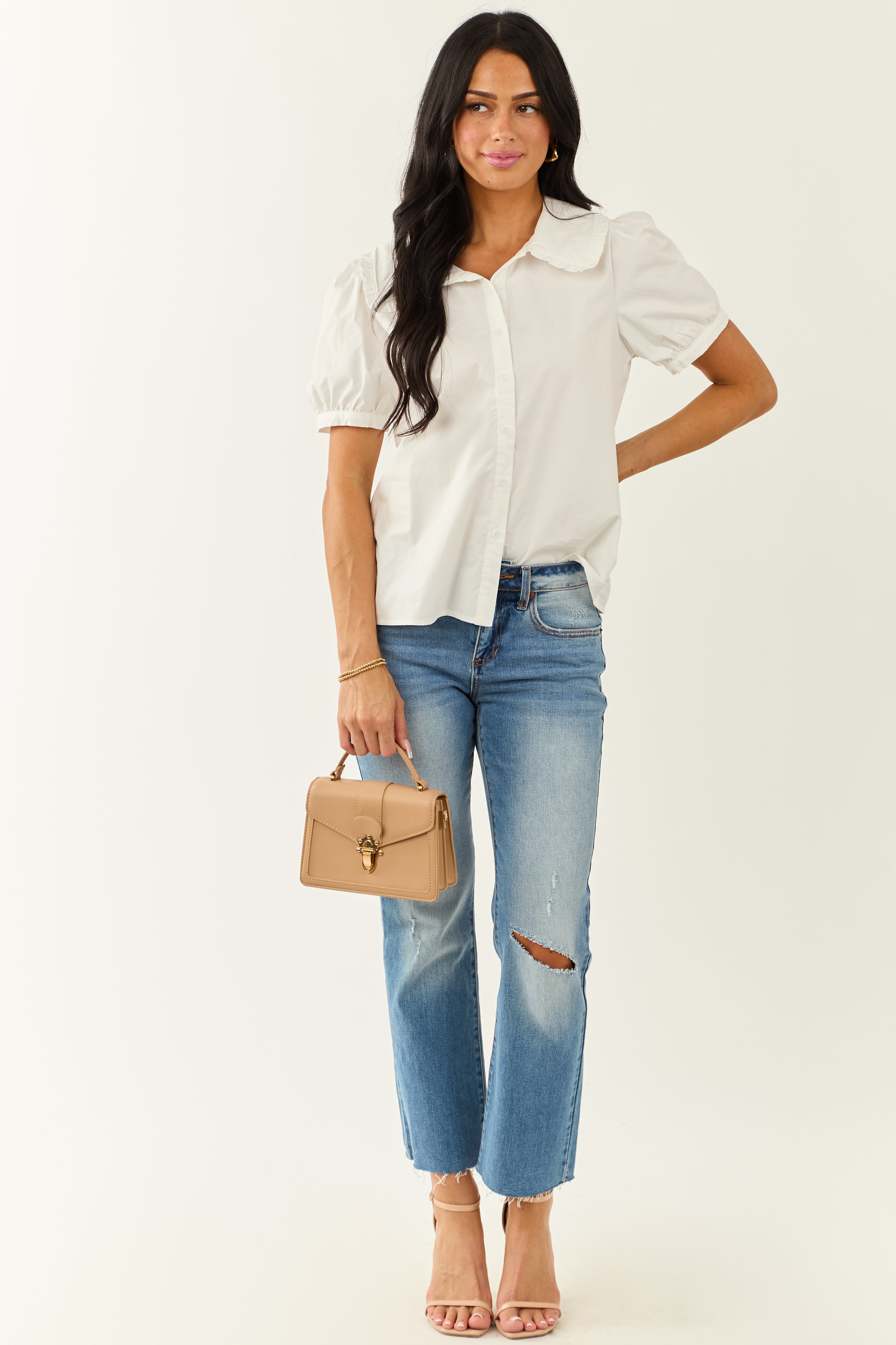 Lovelo Ivory Cotton Button Up Short Sleeve Blouse