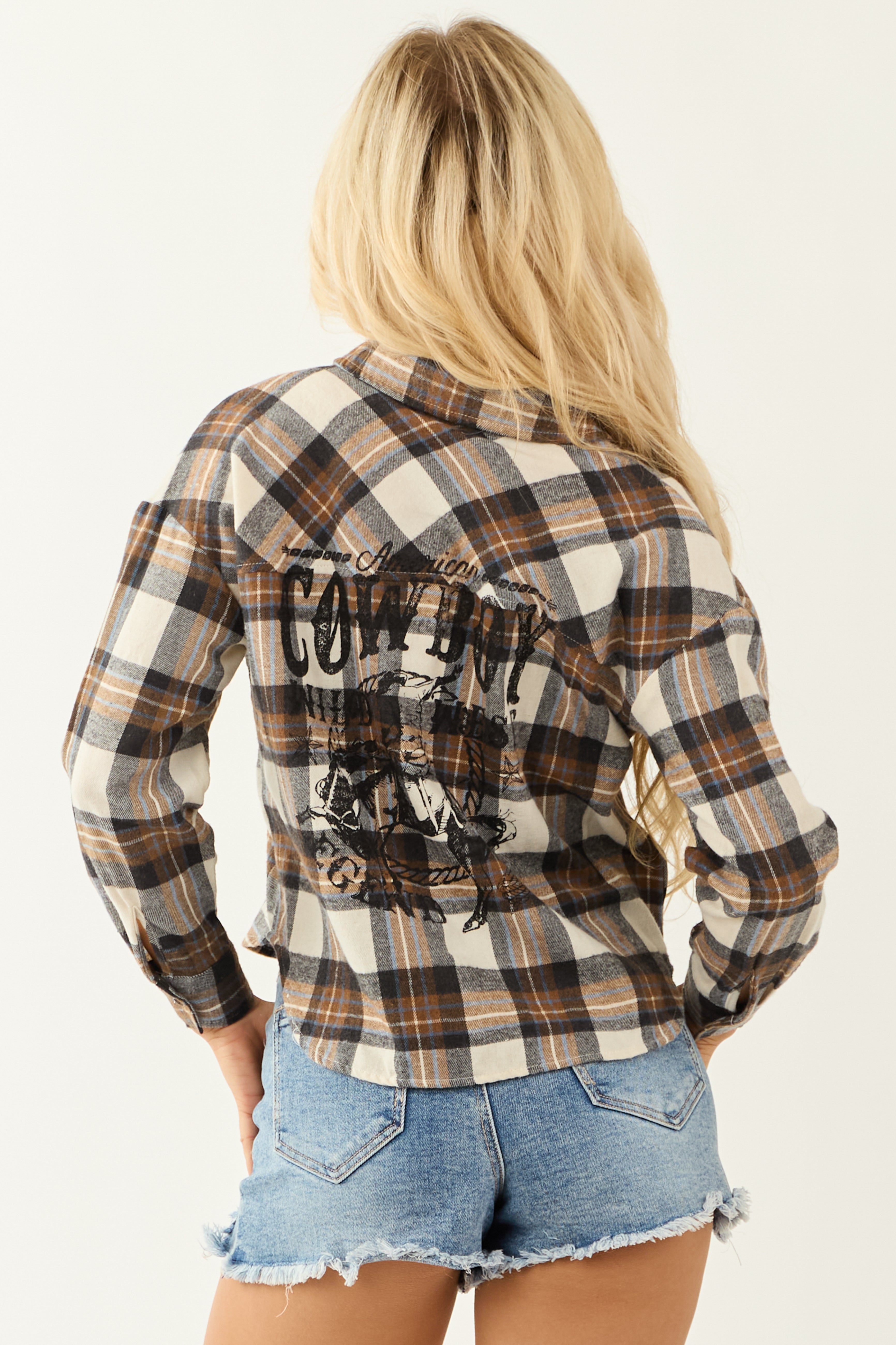 Coconut Cowboy Back Graphic Long Sleeve Plaid Shirt