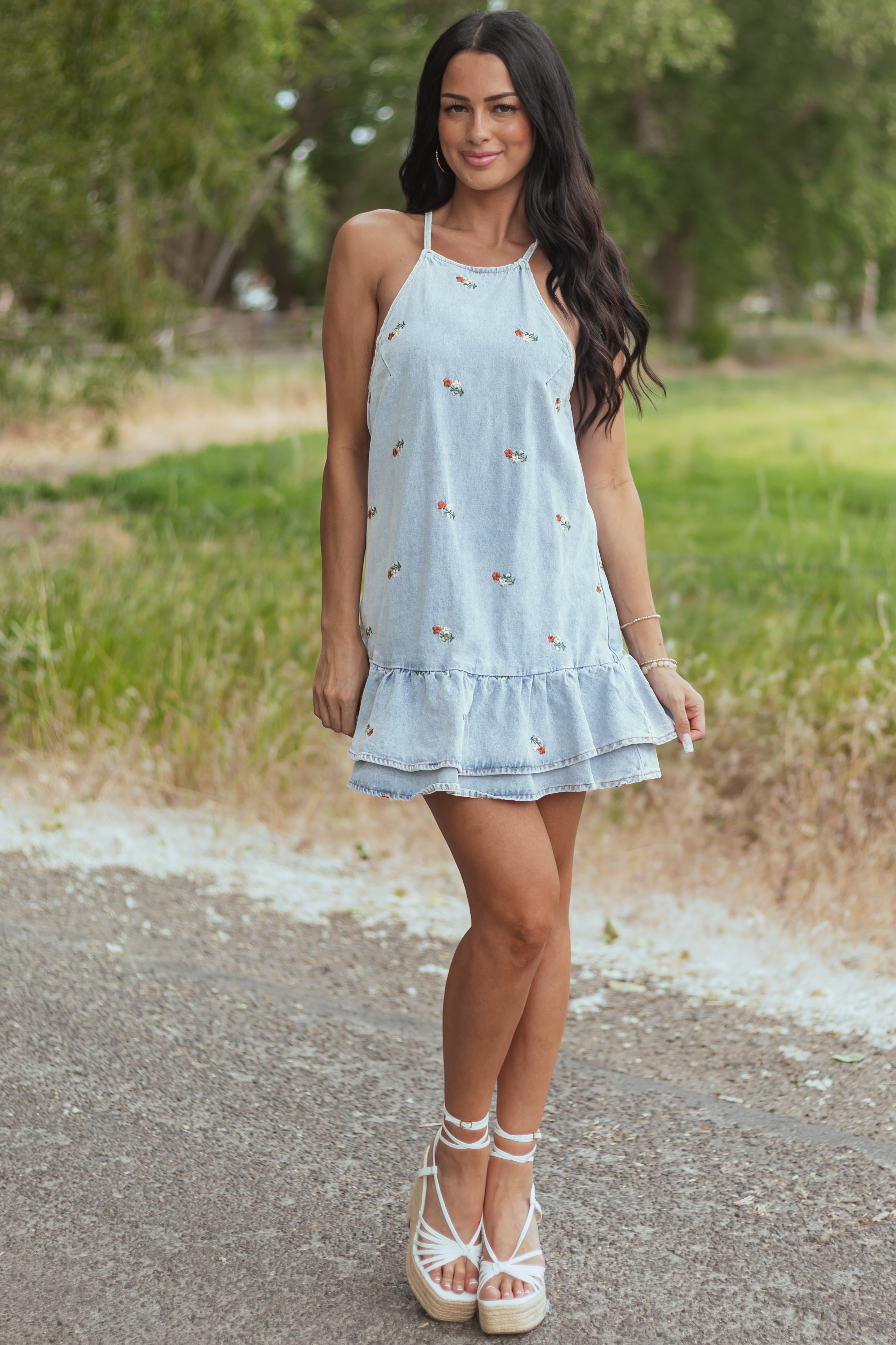 Light Wash Floral Embroidered Denim Mini Dress