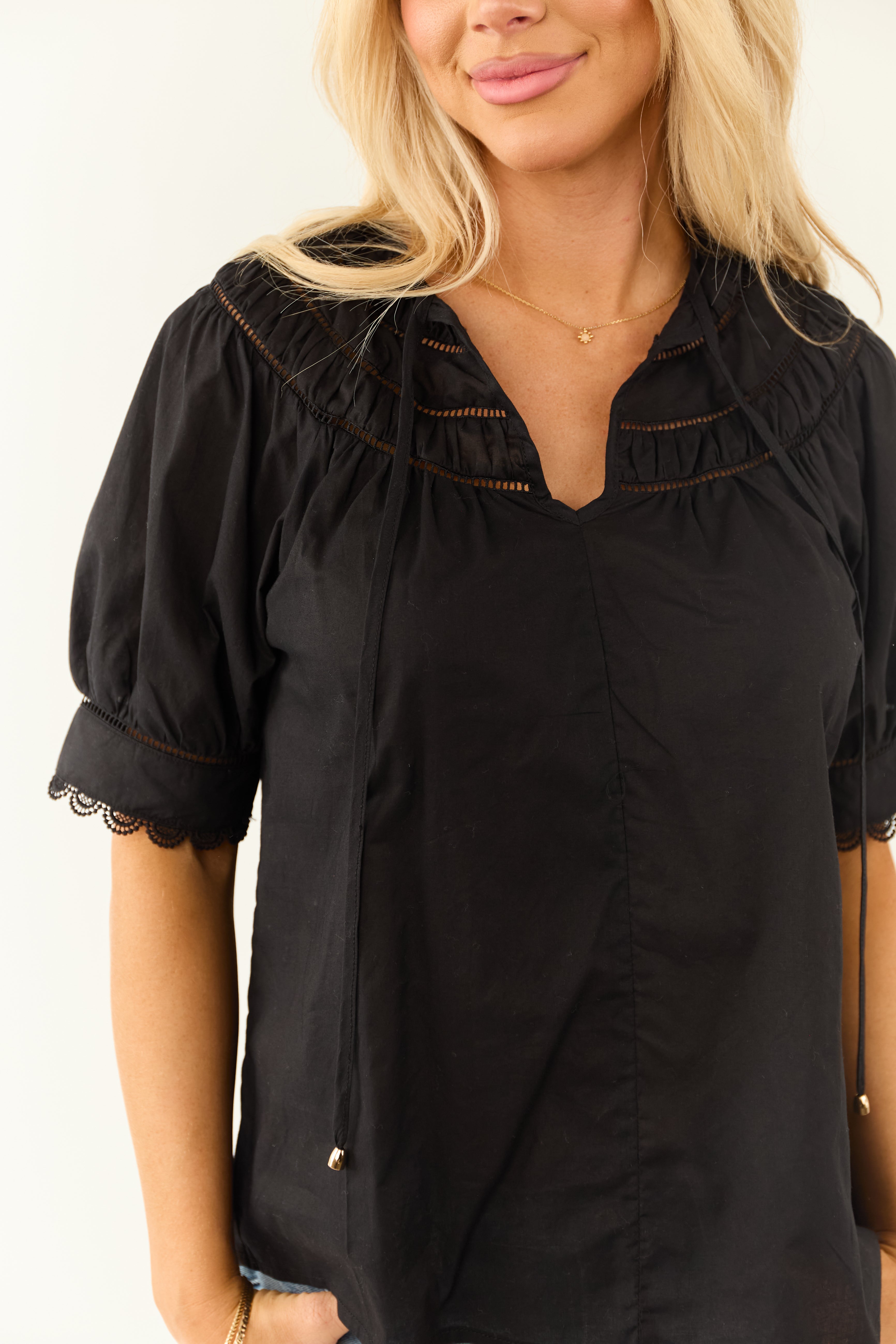 Entro Black Notch Neck Cotton Half Sleeve Top