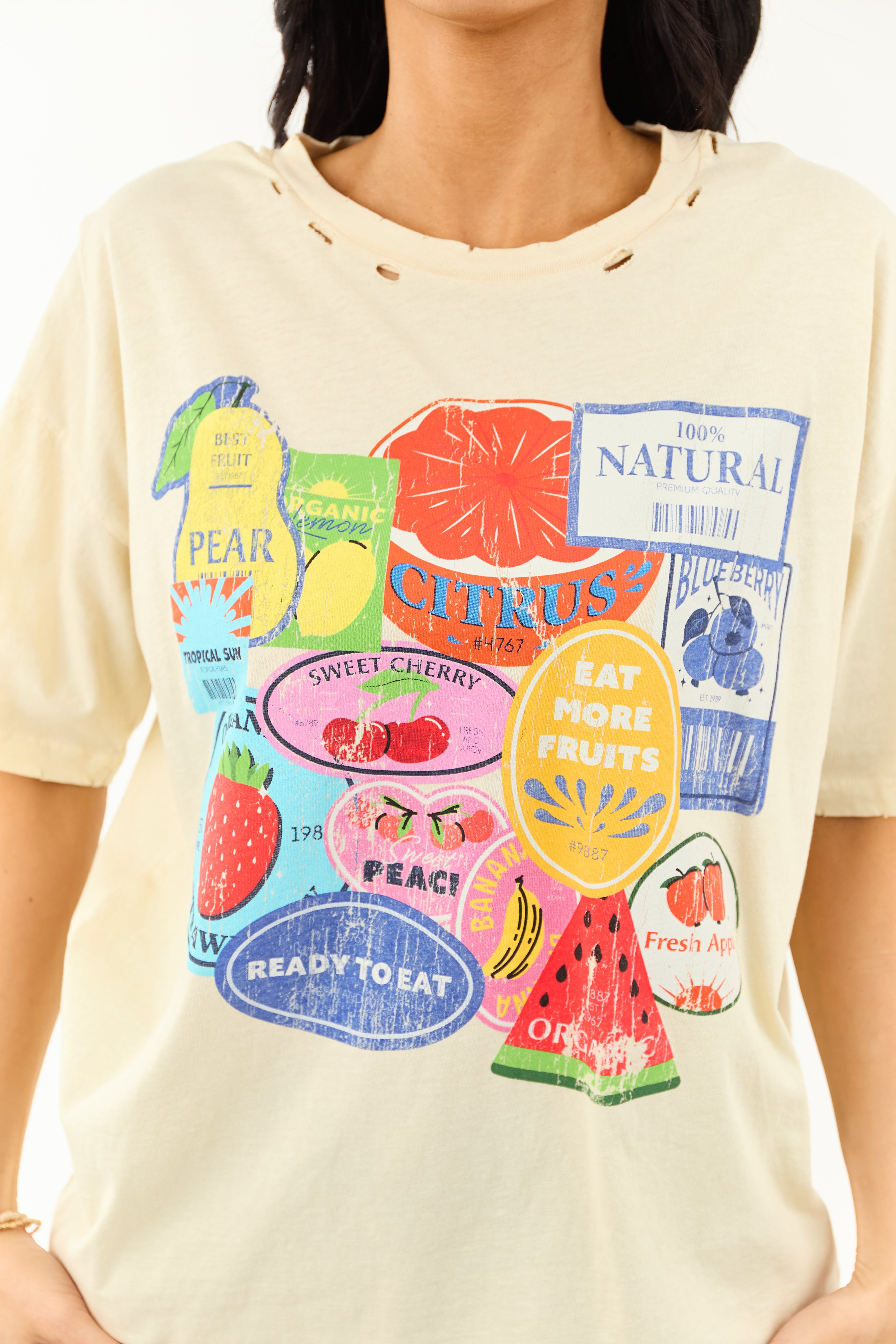Almond Fruit Sticker Graphic Distressed Cotton Tee