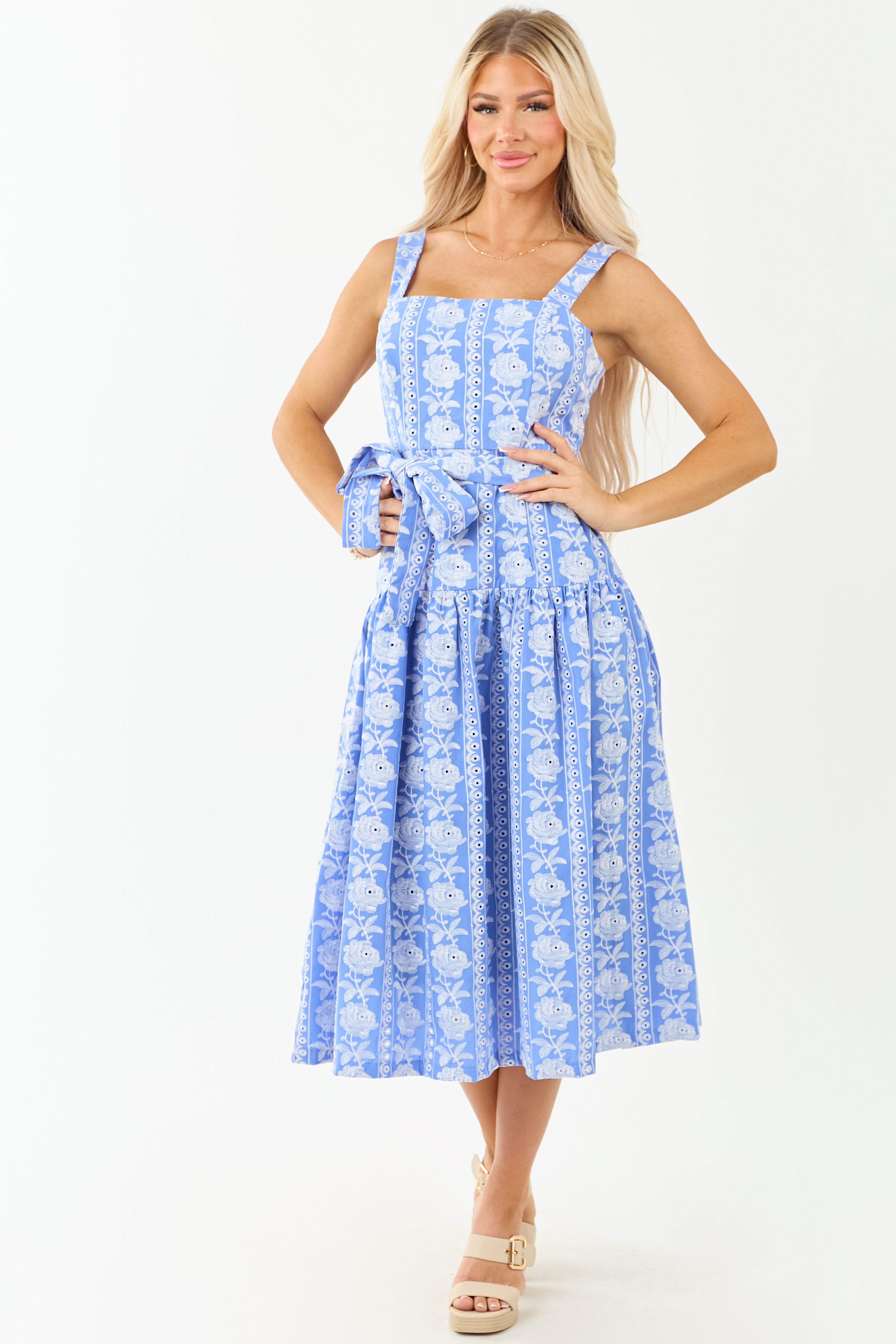 Cornflower Floral Embroidered Waist Tie Midi Dress