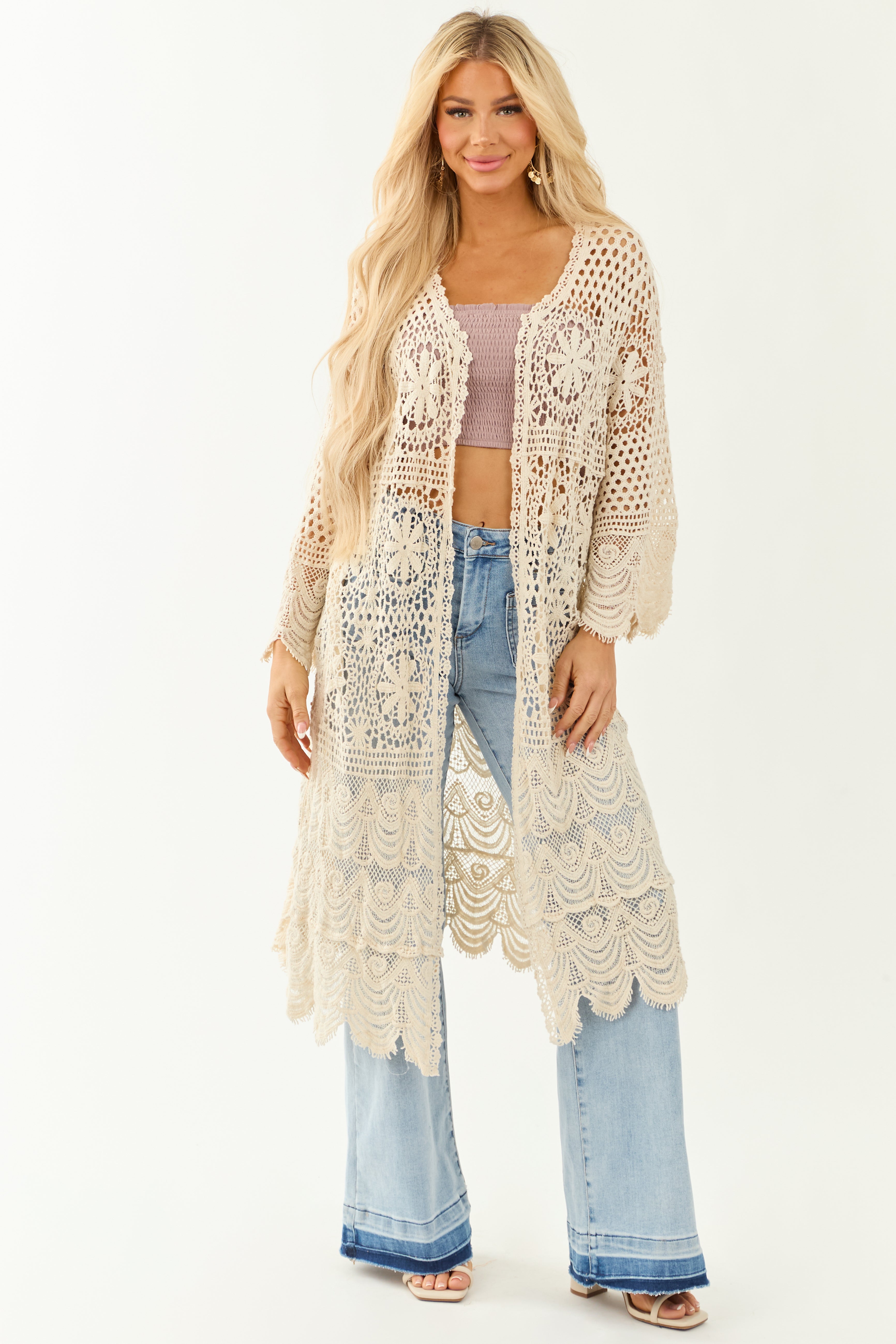 POL Cream Open Crochet Flare Sleeve Duster Cardigan