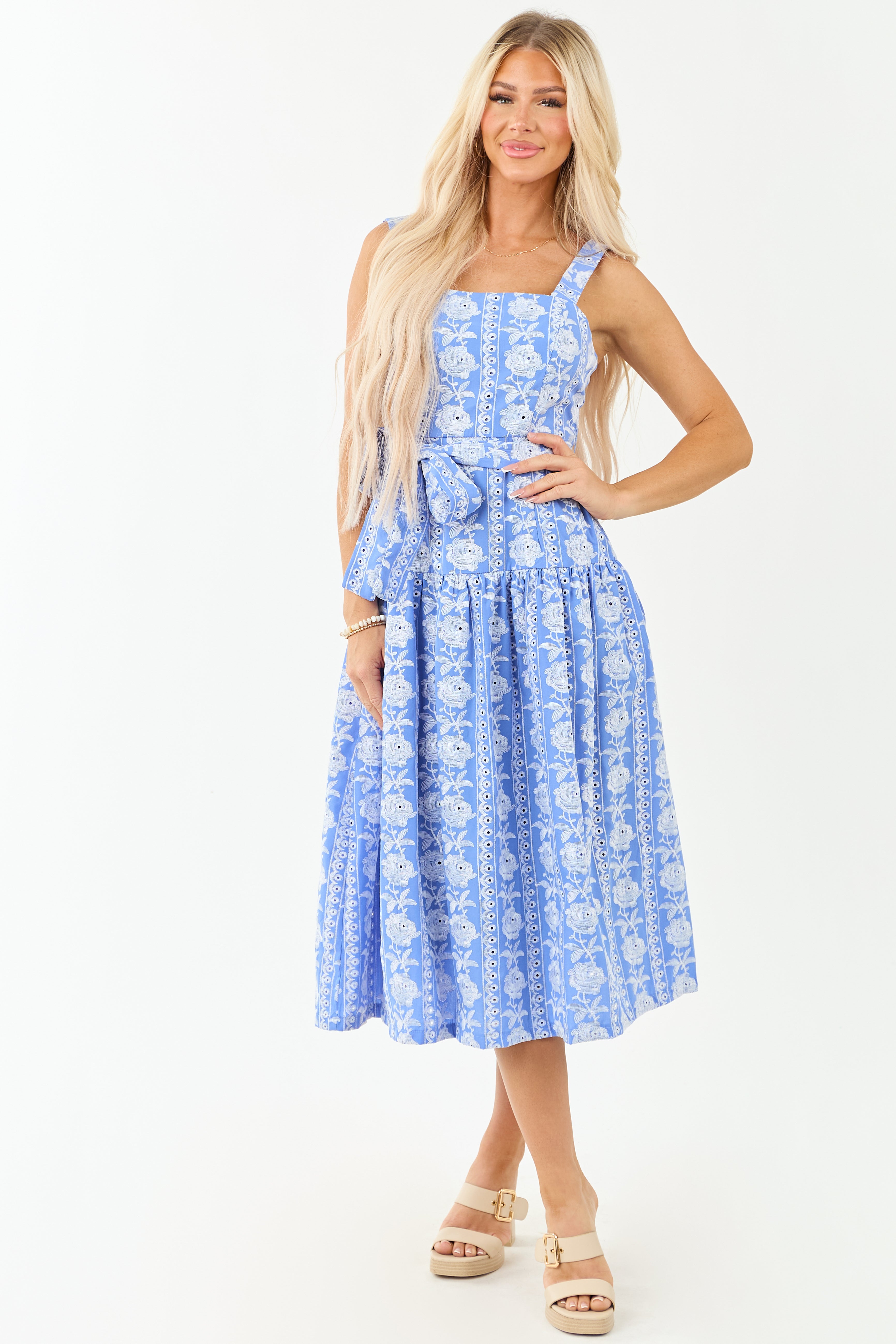 Cornflower Floral Embroidered Waist Tie Midi Dress