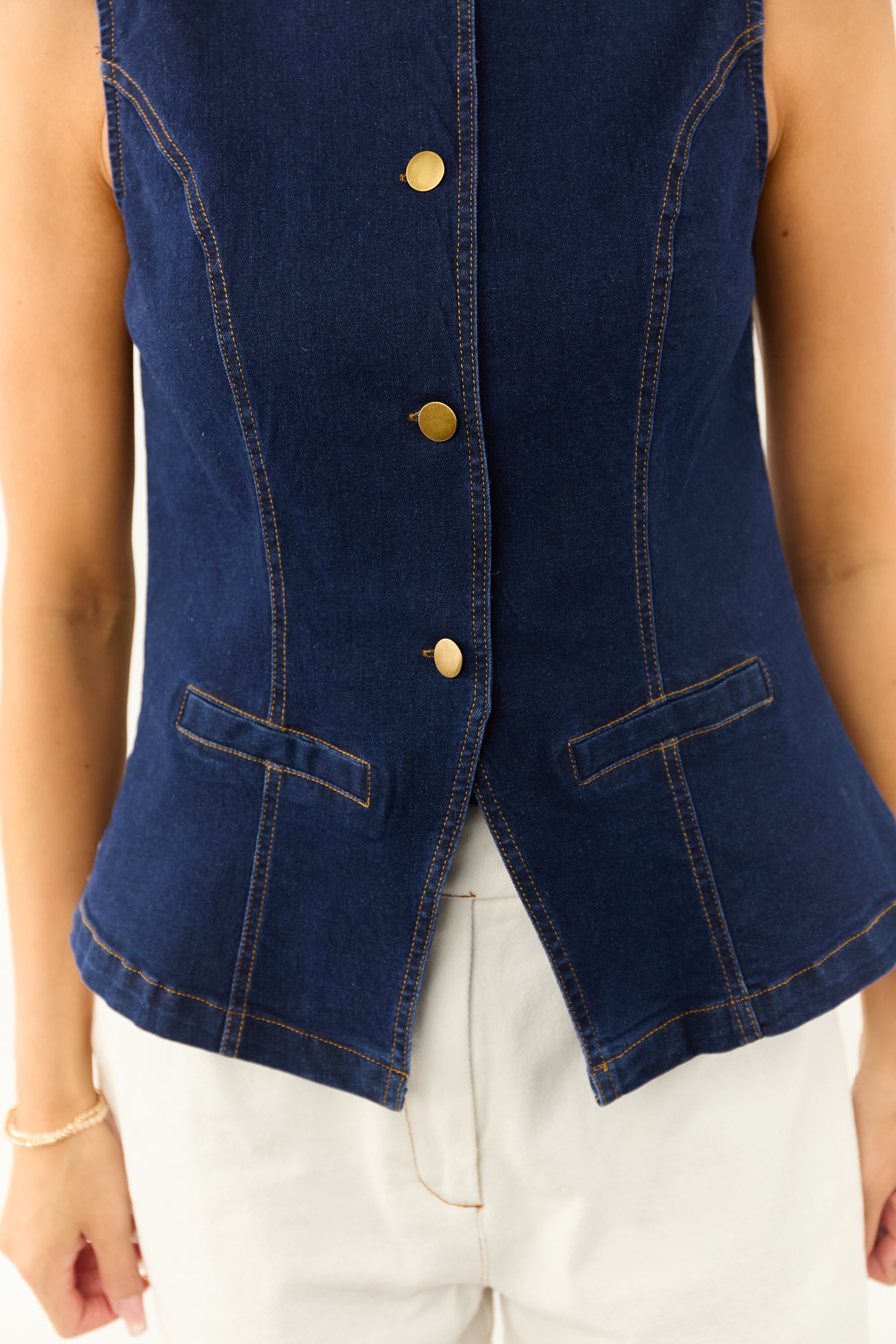 She+Sky Dark Wash Stretchy Denim Button Down Vest