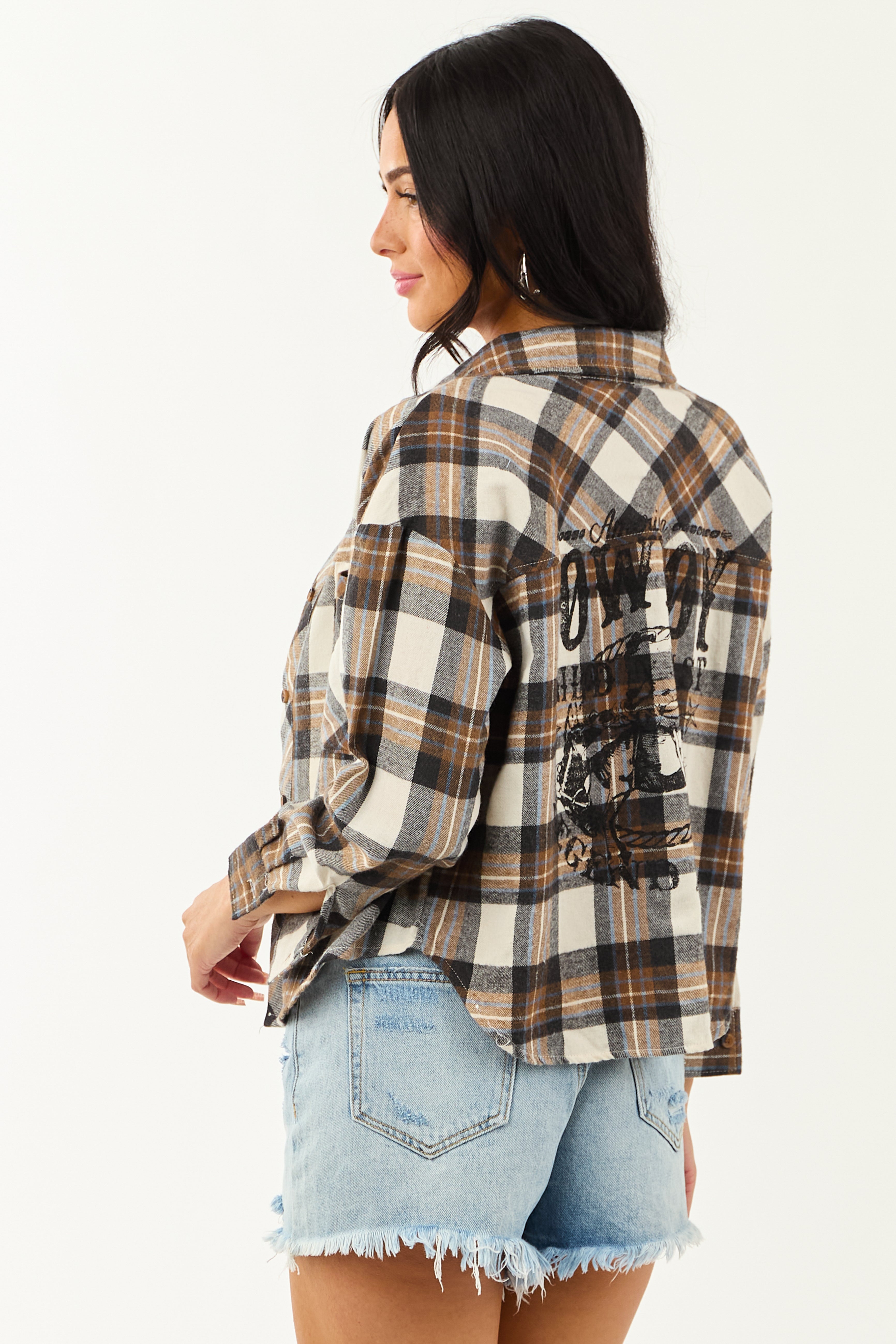 Coconut Cowboy Back Graphic Long Sleeve Plaid Shirt