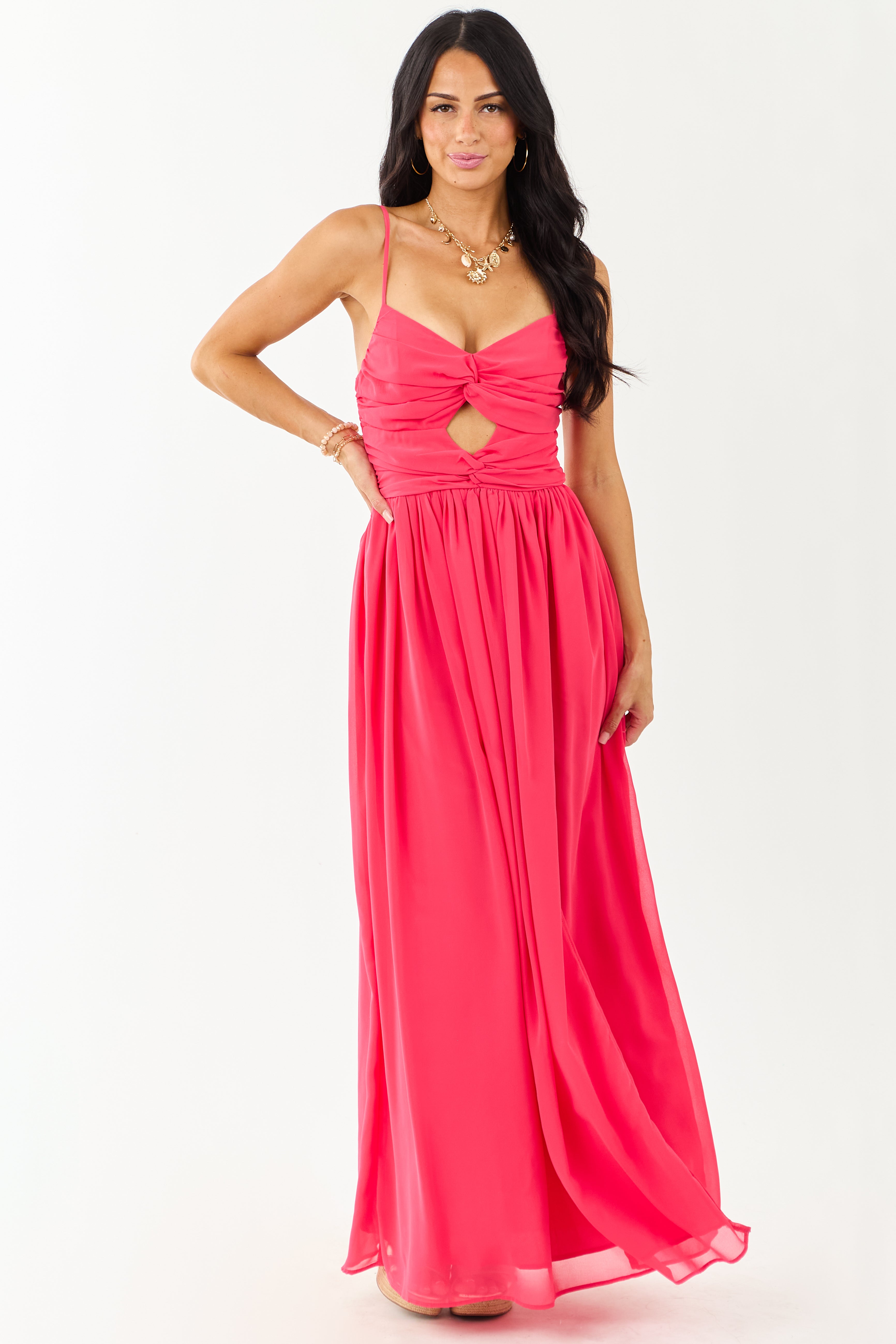 Raspberry Flowy Chiffon Front Twist Maxi Dress