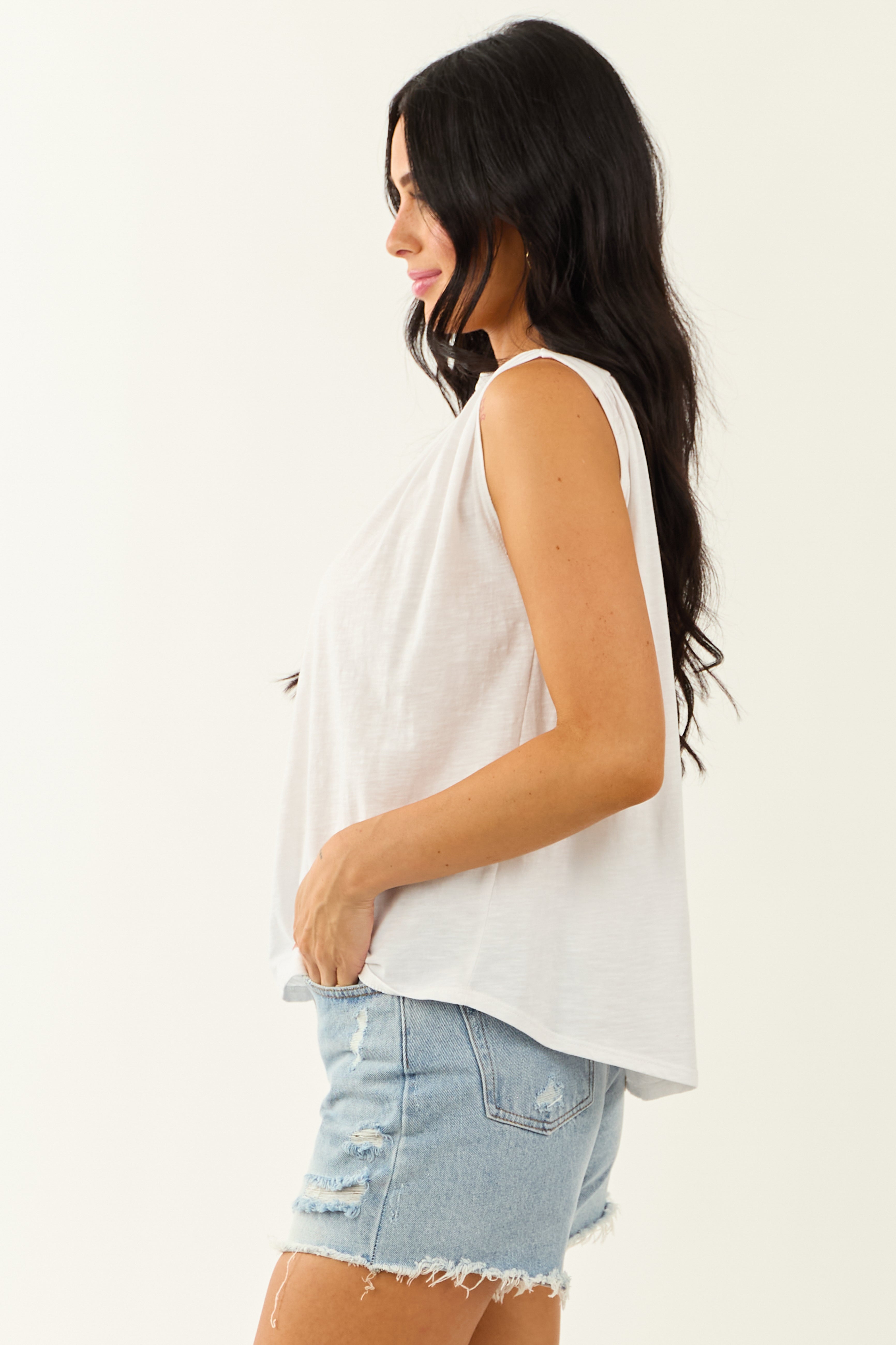 Off White Ruched Shoulder V Neck Relaxed Tank Top