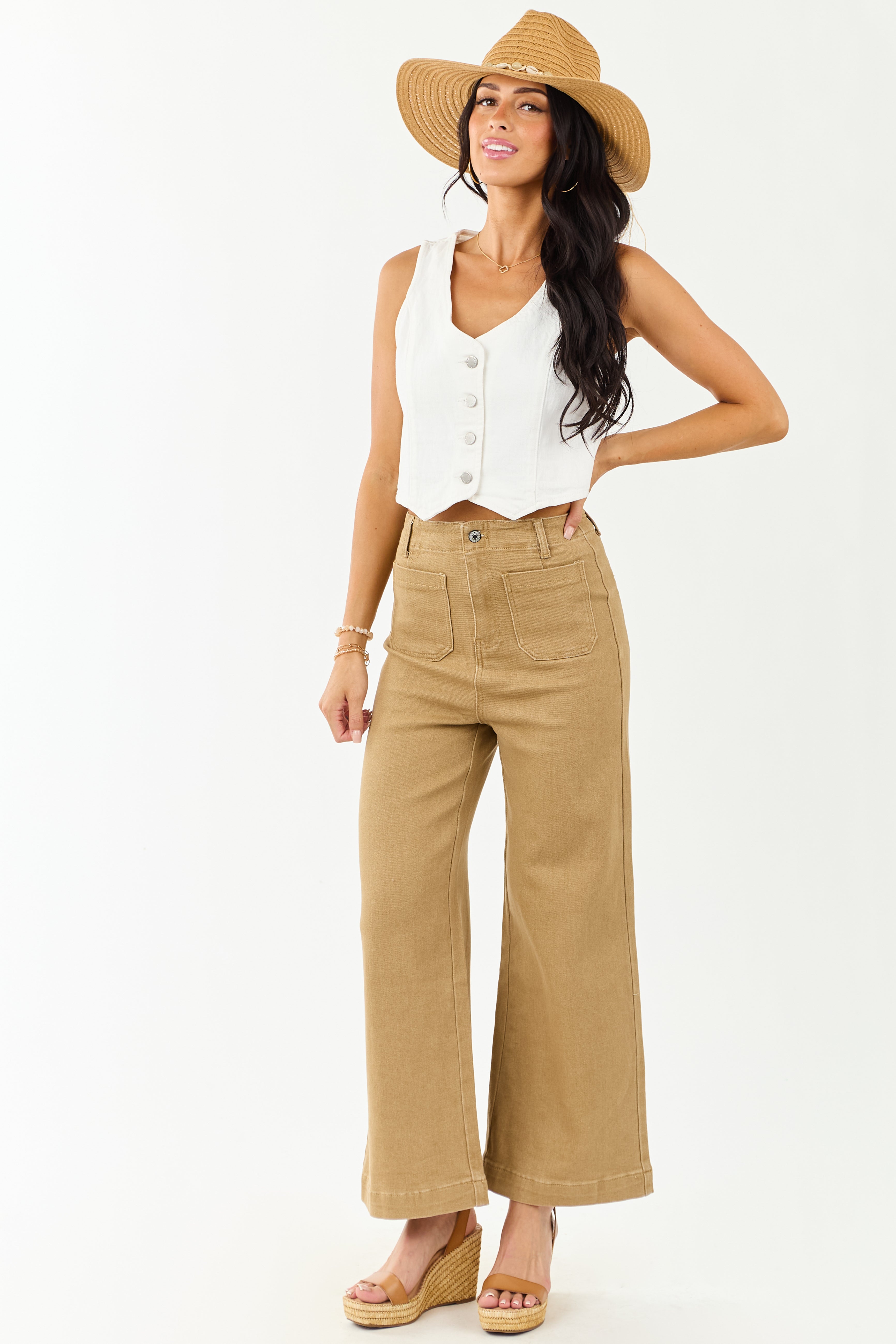 Lovelo Camel Patch Pocket High Rise Wide Leg Jeans