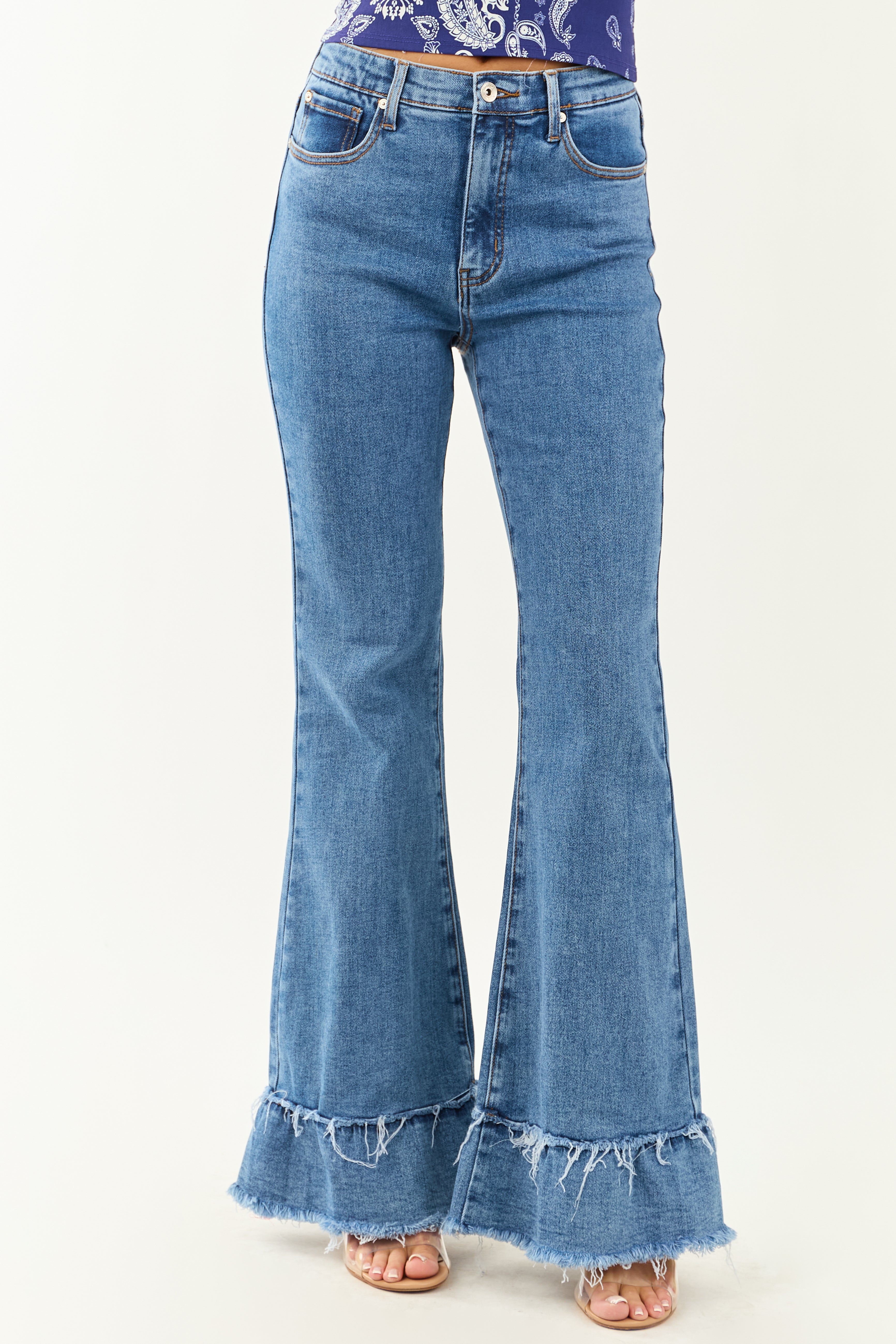 Special A Tummy Control Ruffle Flare Stretchy Jeans