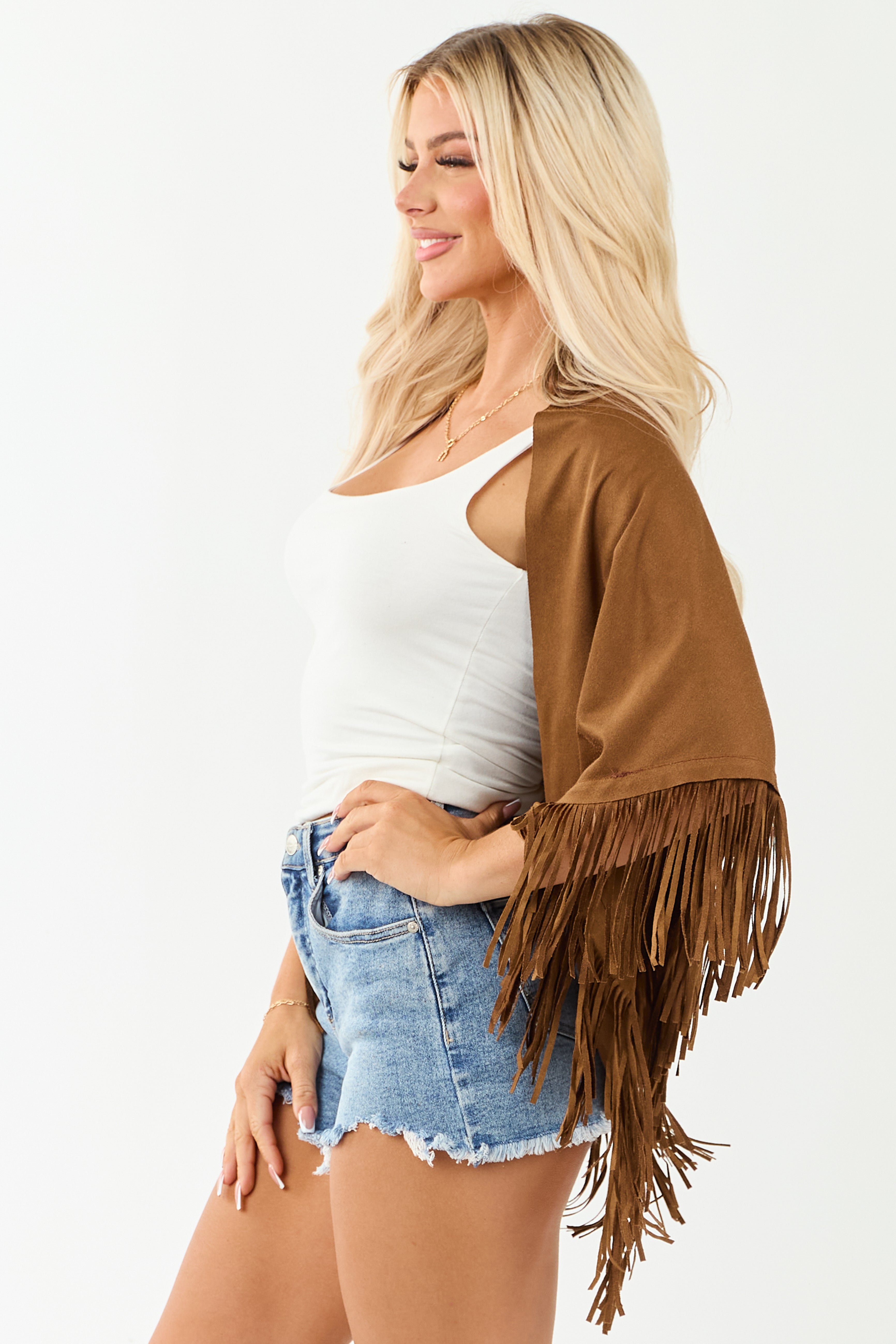 Sepia Faux Suede Boho Fringe Shawl