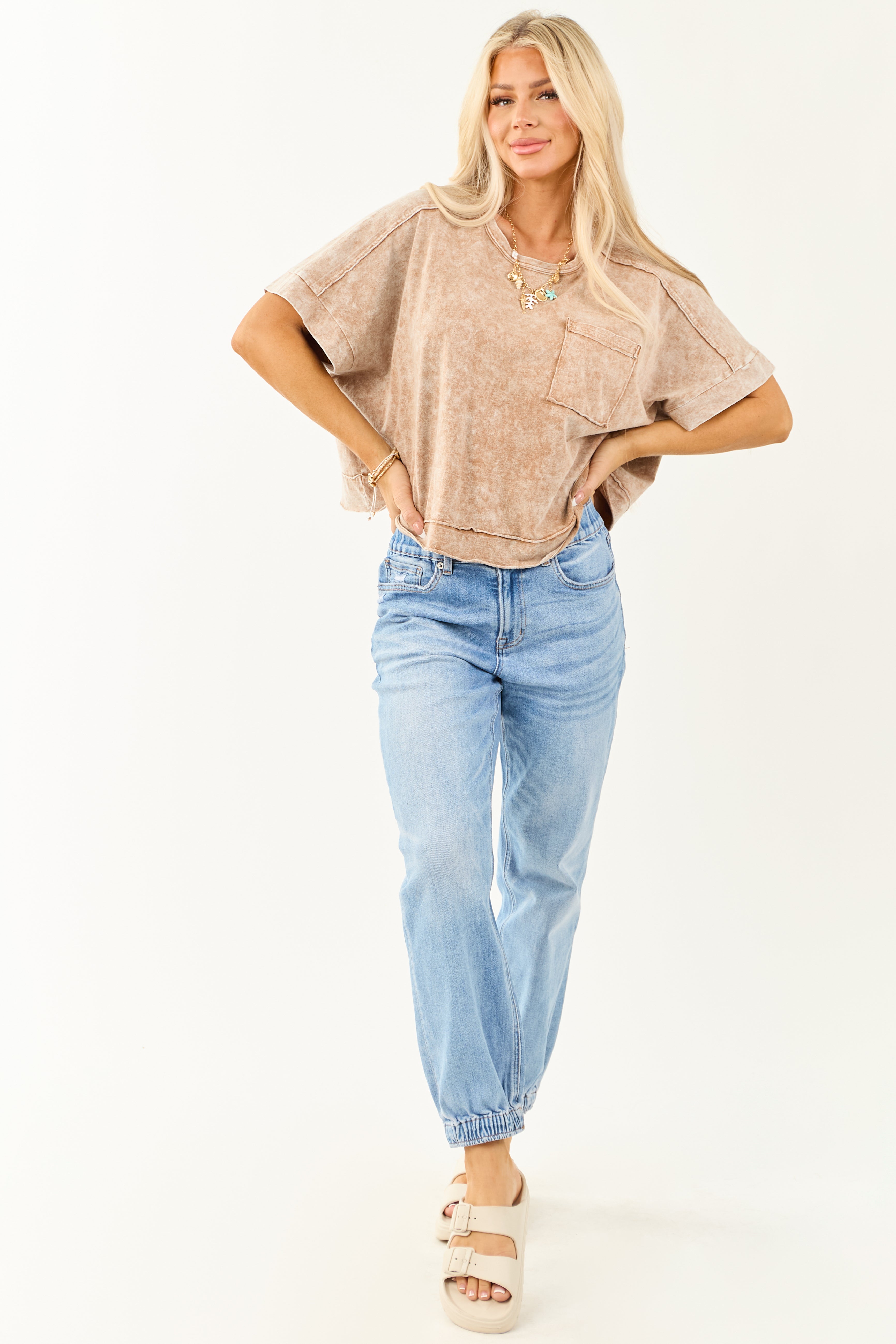 Coffee Acid Wash Relaxed Cotton Short Sleeve Top