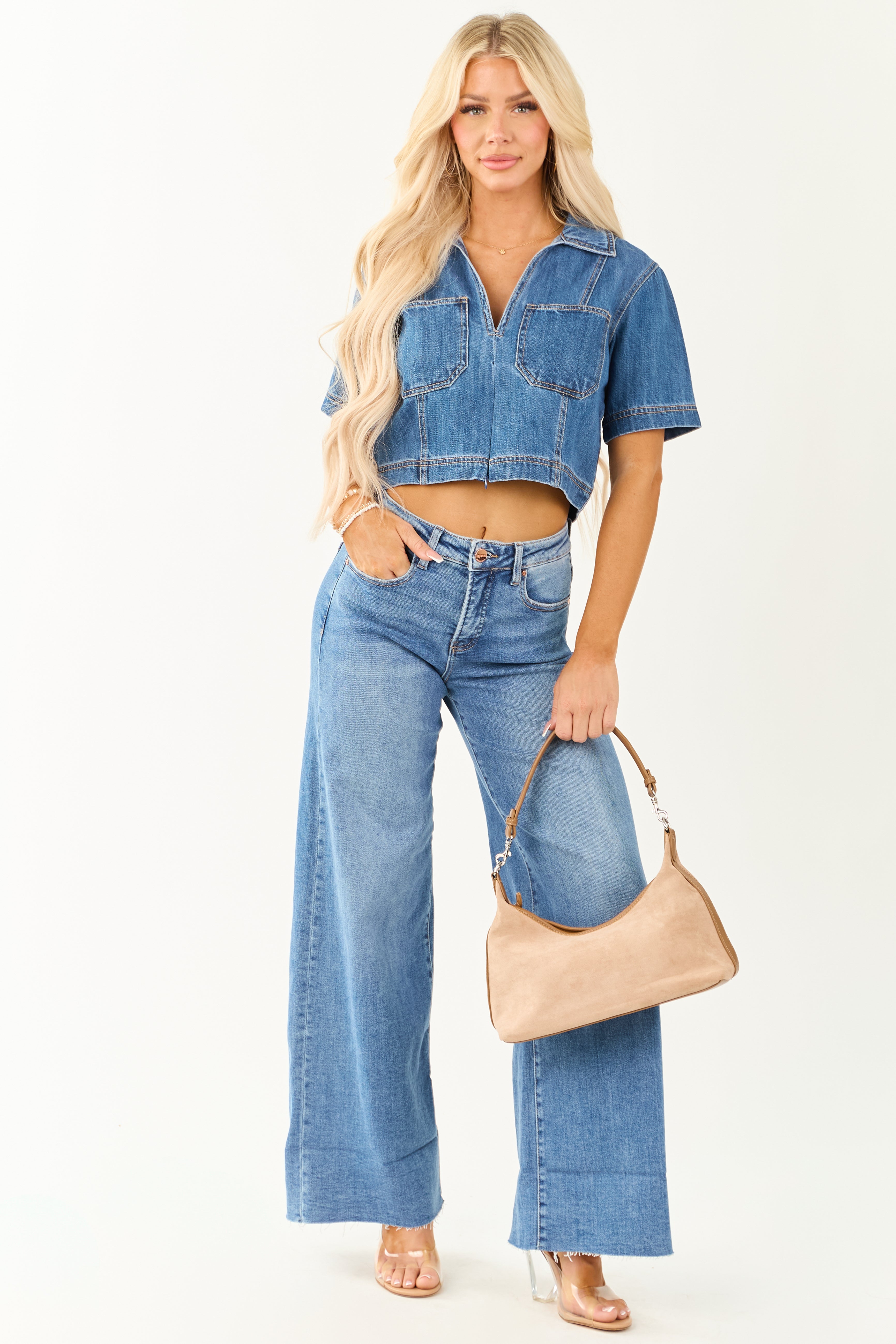 Risen Medium Wash Denim V Neck Short Sleeve Top