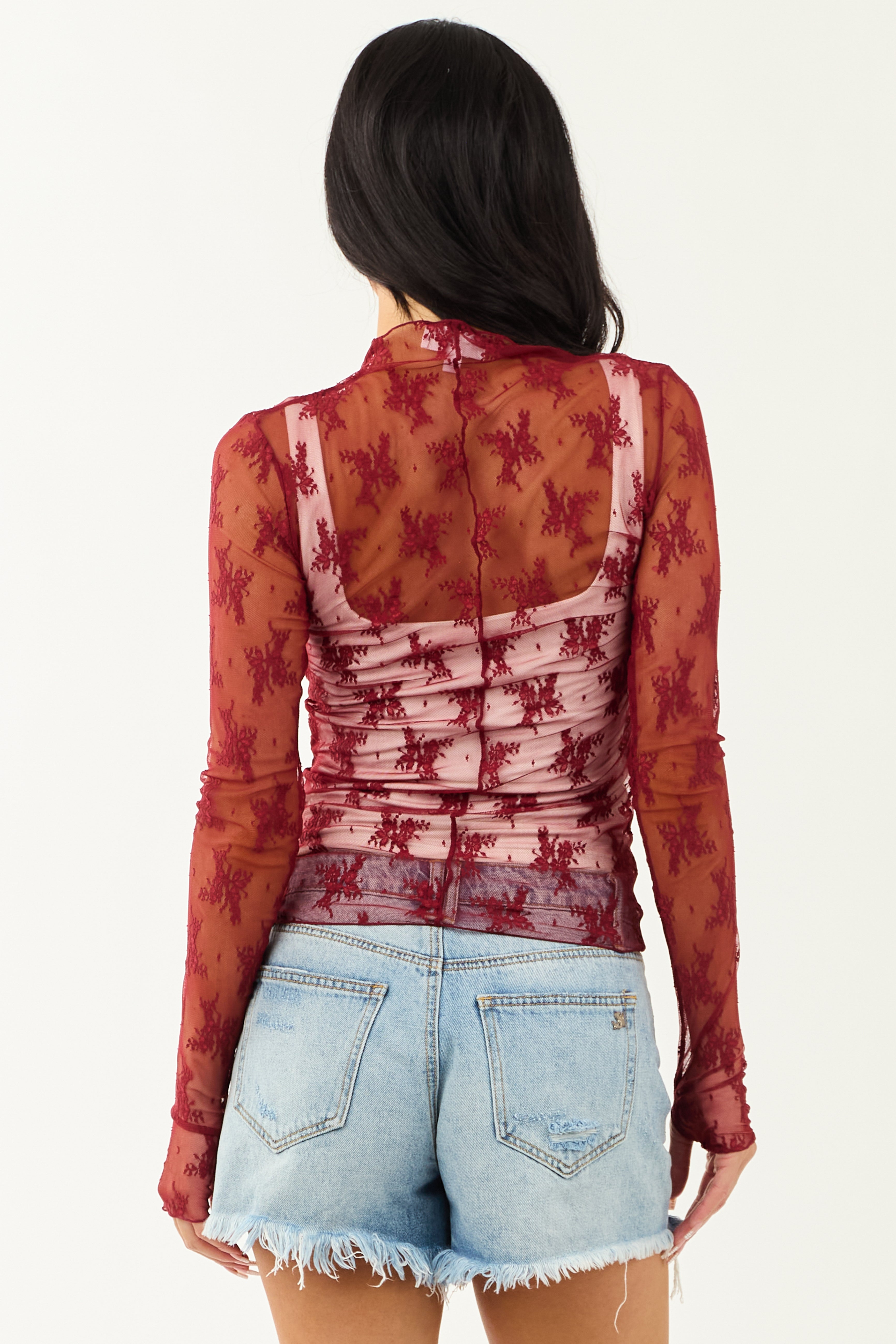 Wine Mesh Lace Mock Neck Long Sleeve Top