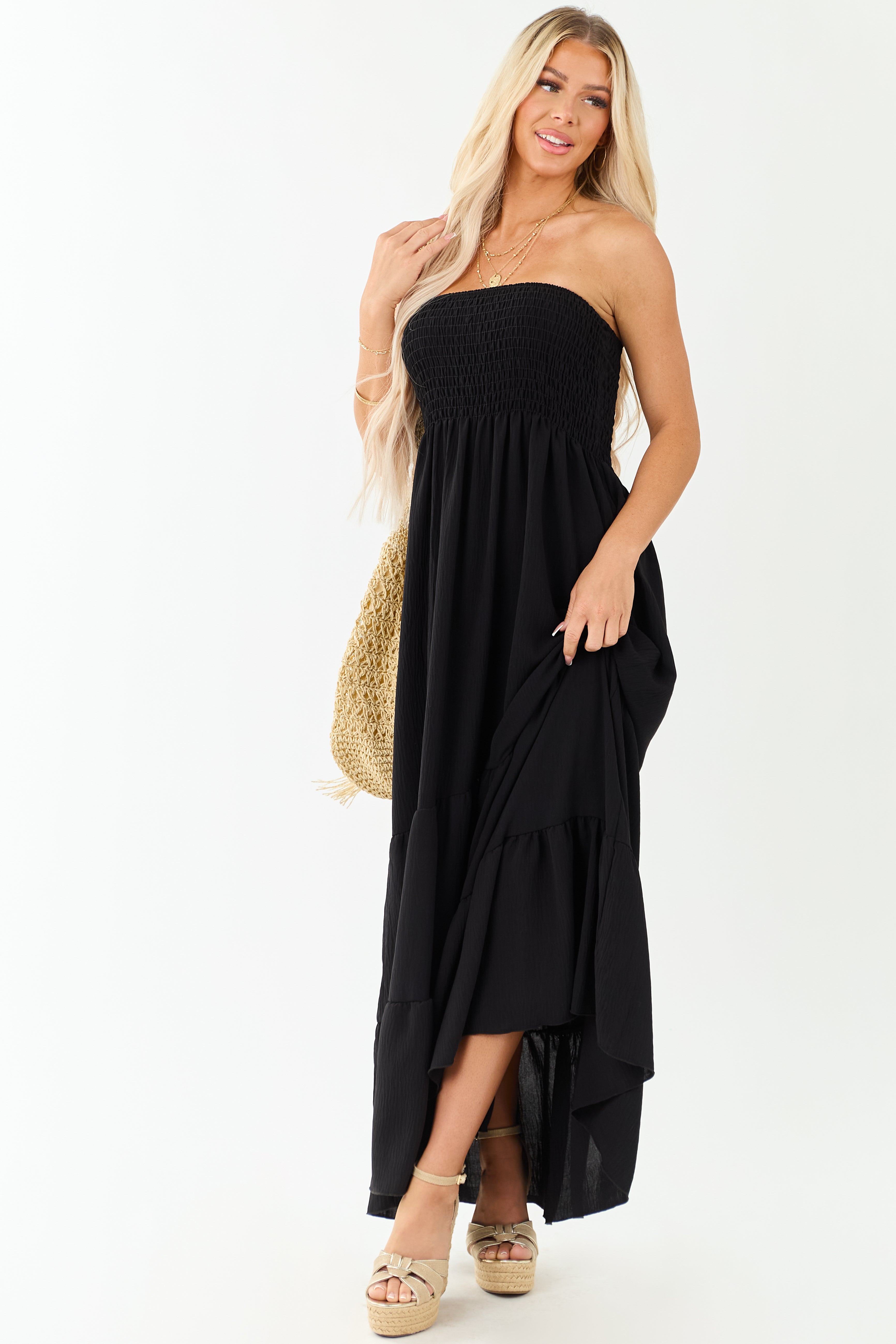 Black Smocked Tiered Strapless Maxi Dress