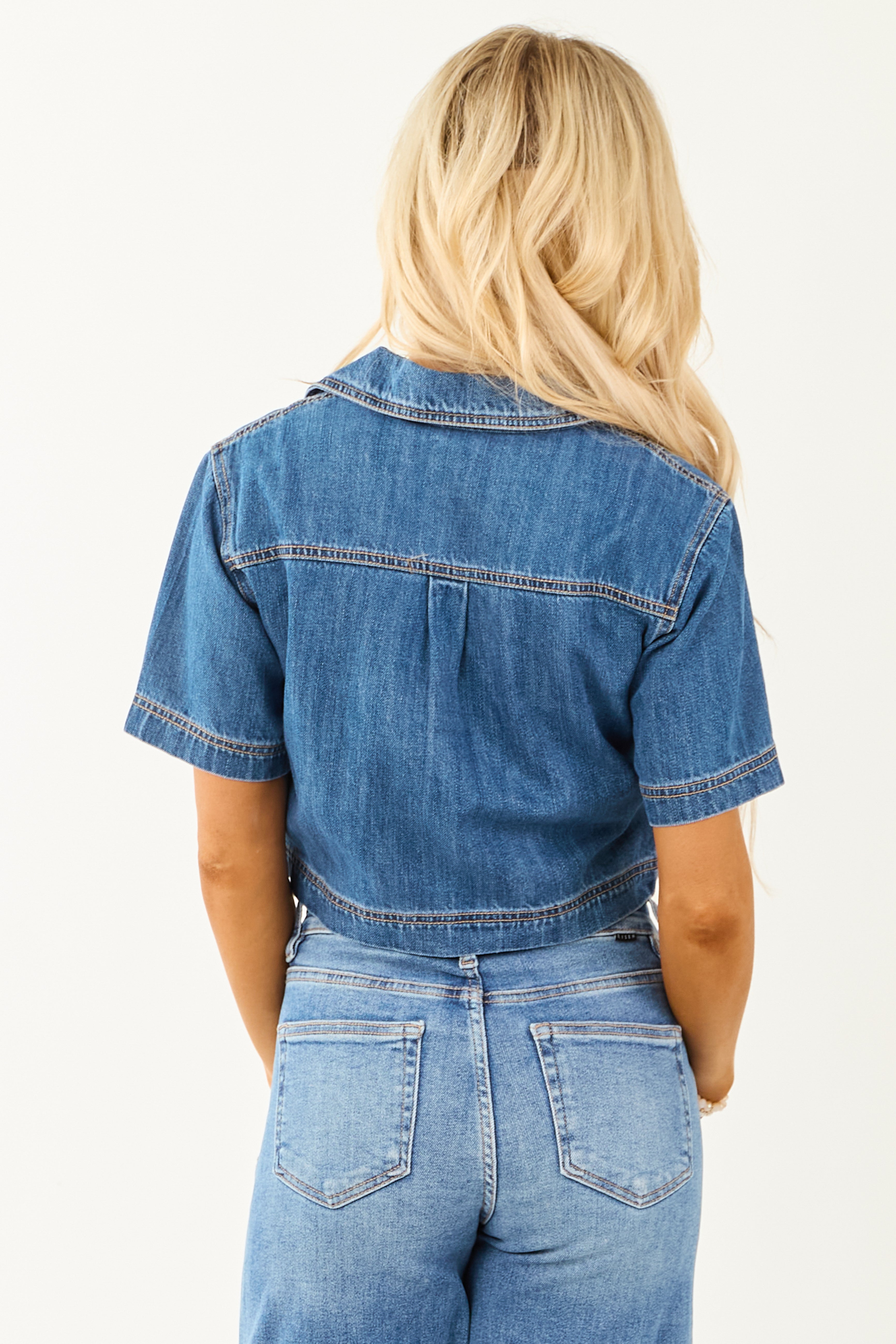 Risen Medium Wash Denim V Neck Short Sleeve Top