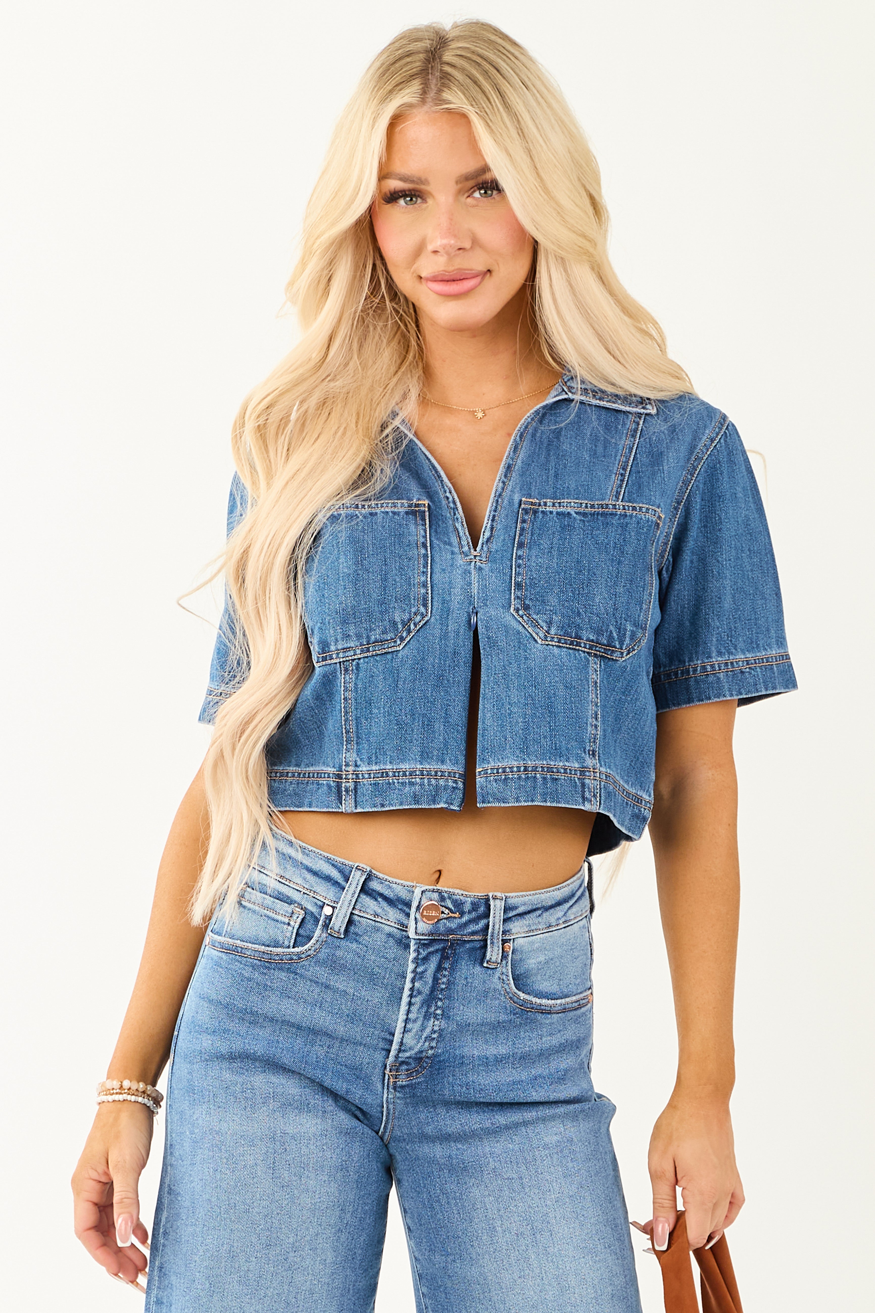 Risen Medium Wash Denim V Neck Short Sleeve Top