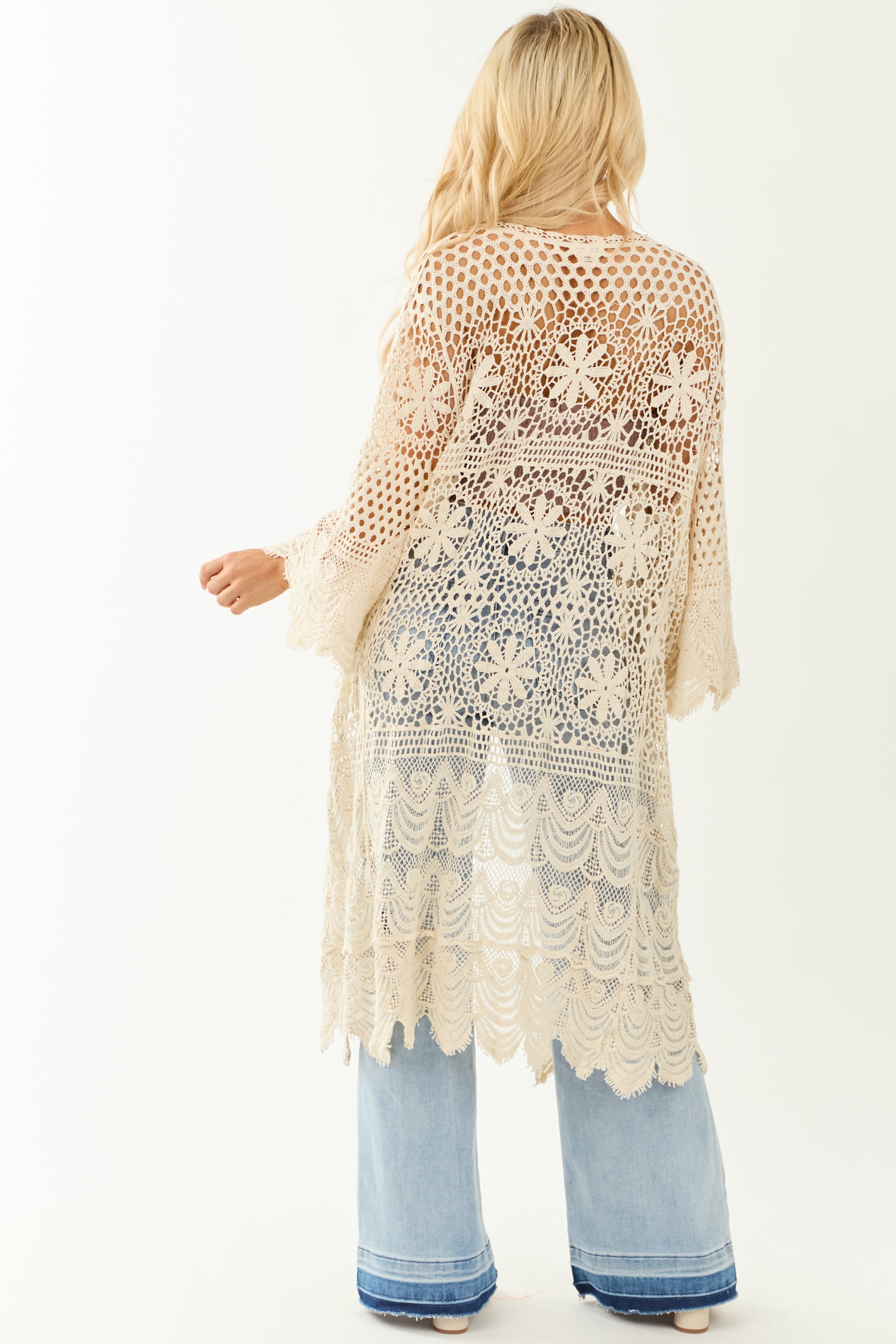 POL Cream Open Crochet Flare Sleeve Duster Cardigan