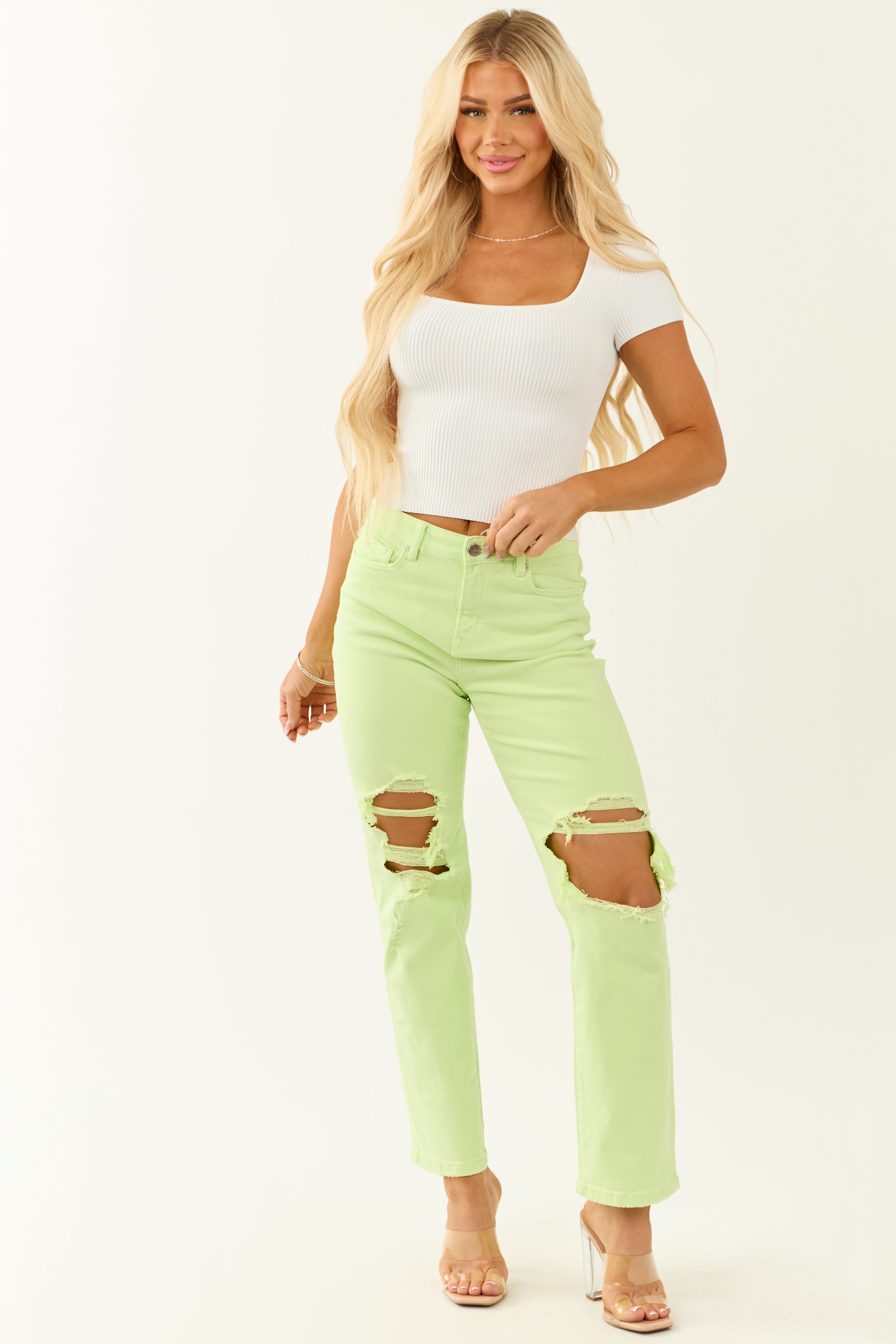 Mica Denim Neon Lime Straight Leg Stretchy Jeans