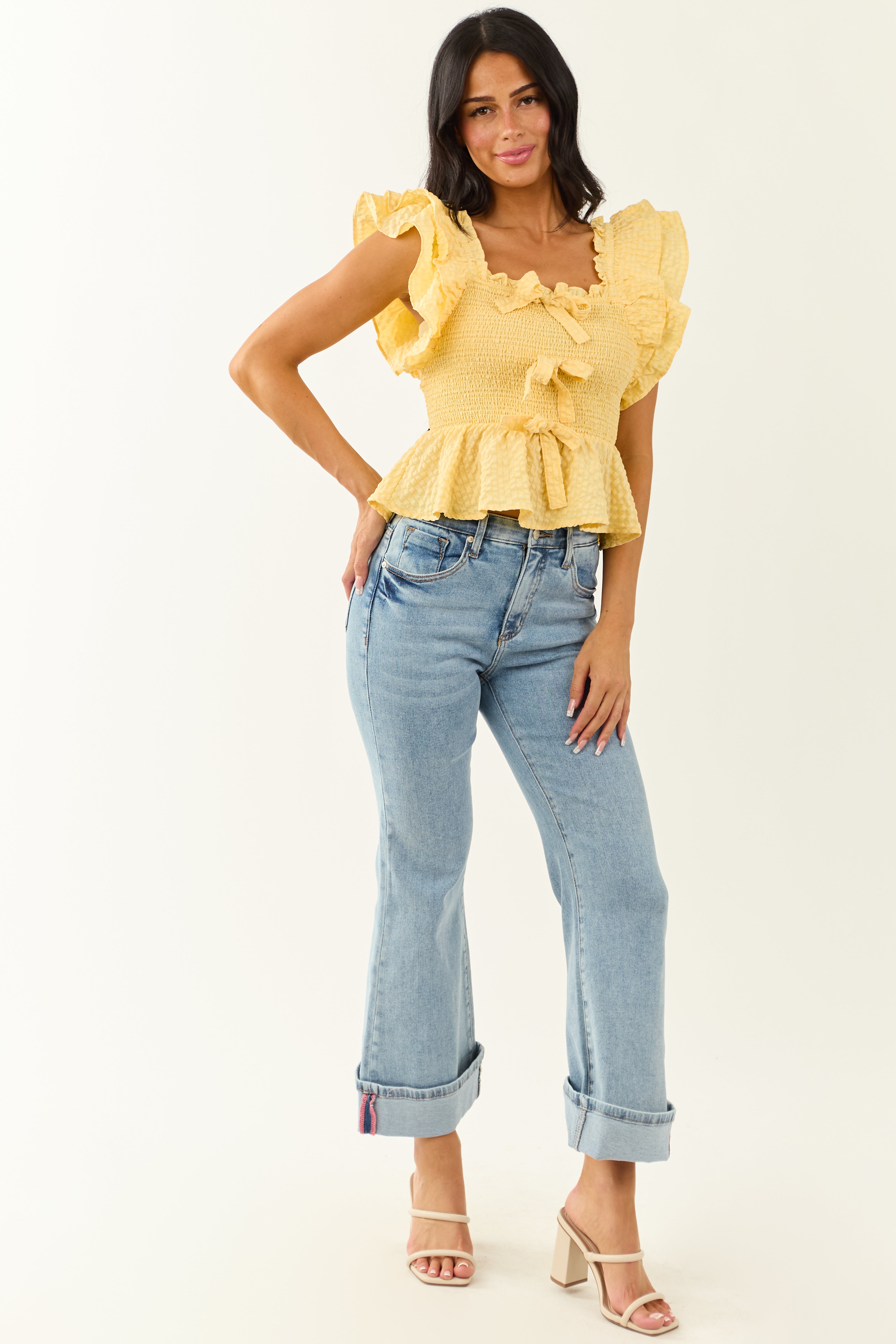 Entro Lemon Gingham Smocked Ruffle Top
